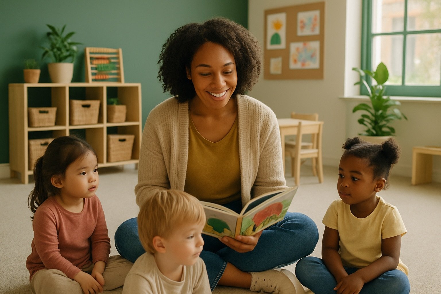 An early childhood educator reading with young children