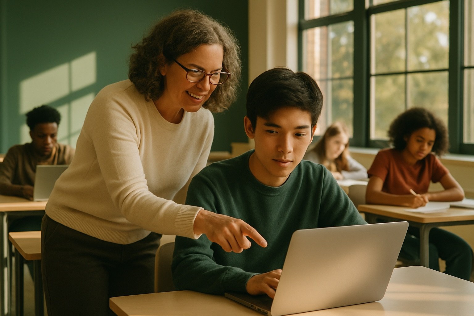 A teacher helping a student at a laptop in a classroom