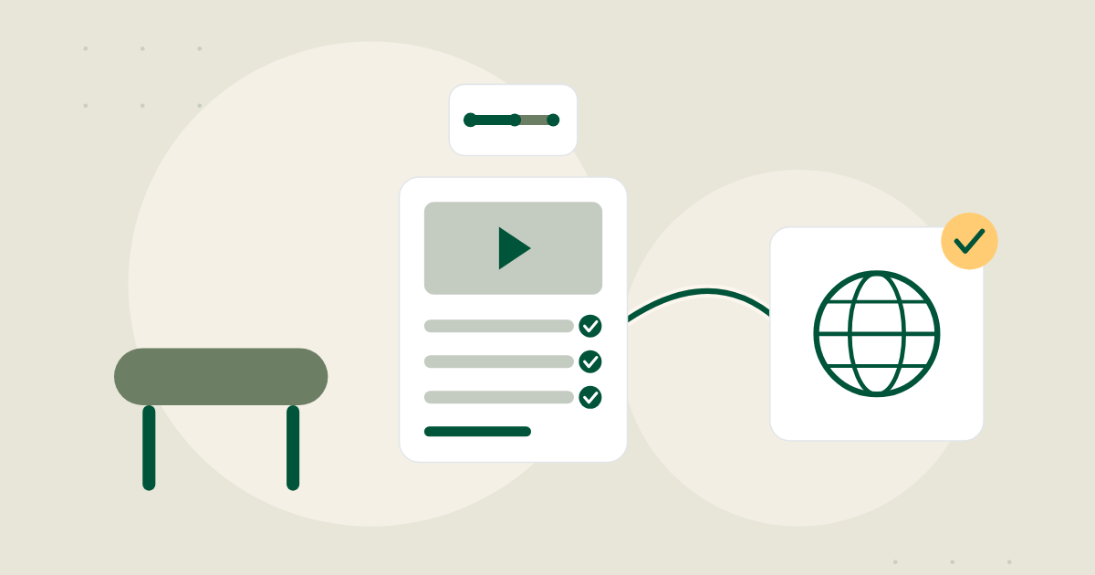 An illustration: a physiotherapy course ticks off its modules beside a treatment table, then connects to a globe