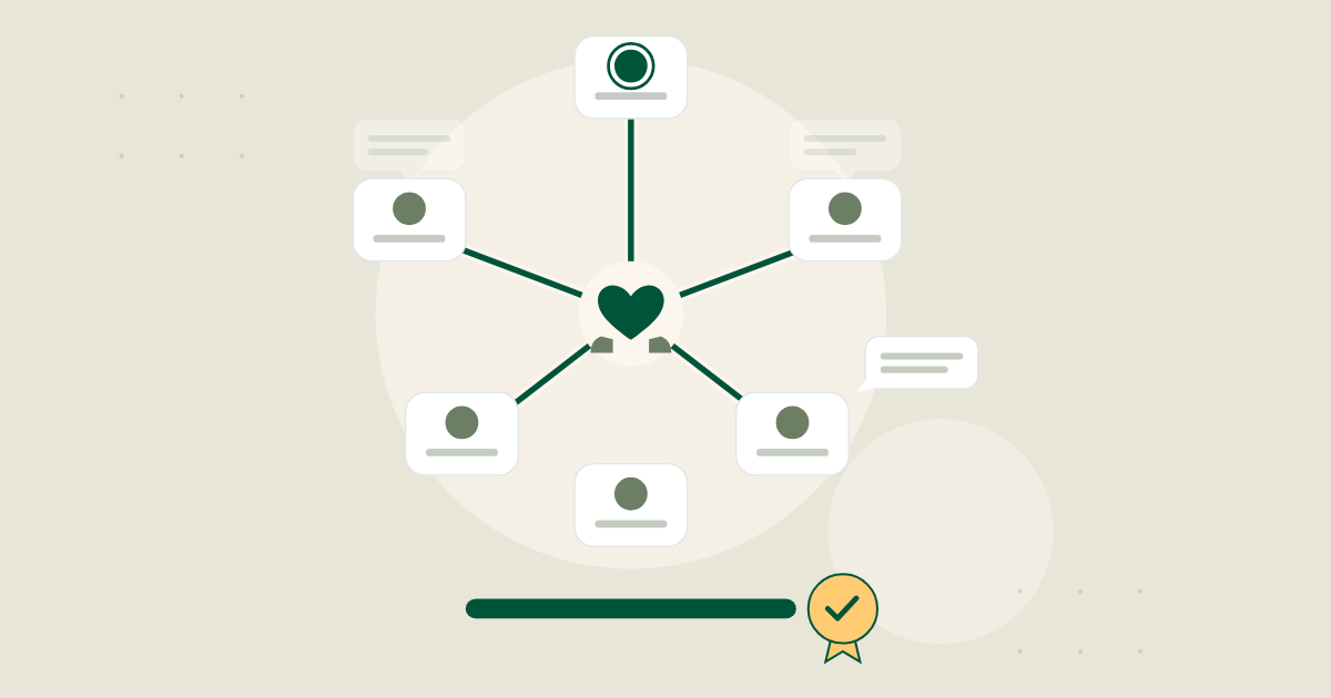 An illustration: learners and a teacher talk around a circle with a care icon at its centre, and a certificate badge appears