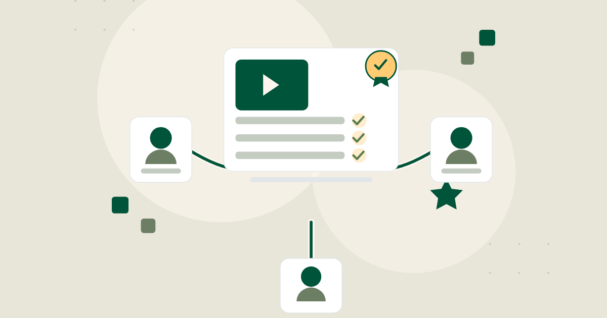 An illustration: a training module plays while lessons tick off, three educators connect to it and a certificate badge appears