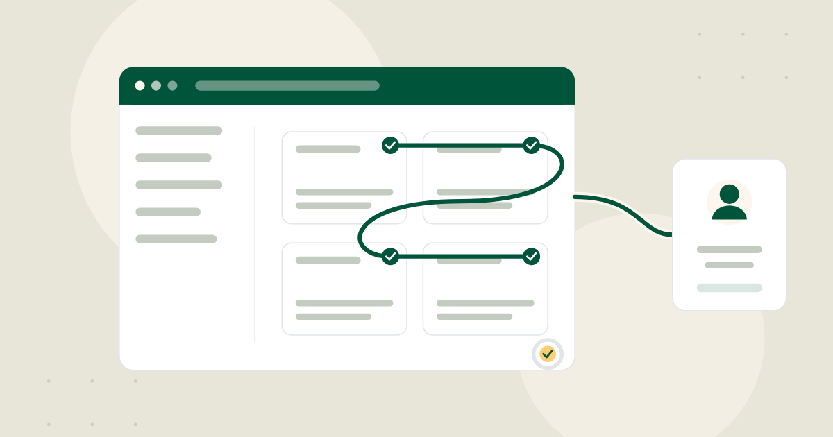 An illustration: a branded learning dashboard fills with course tiles, a learning path ticks through them and a progress ring completes