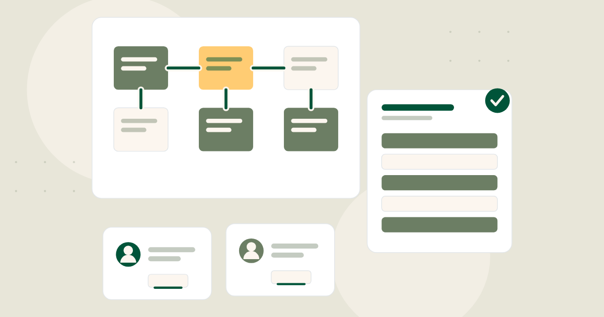 An illustration: sticky notes on a whiteboard link up, two designers join and a course outline is checked off